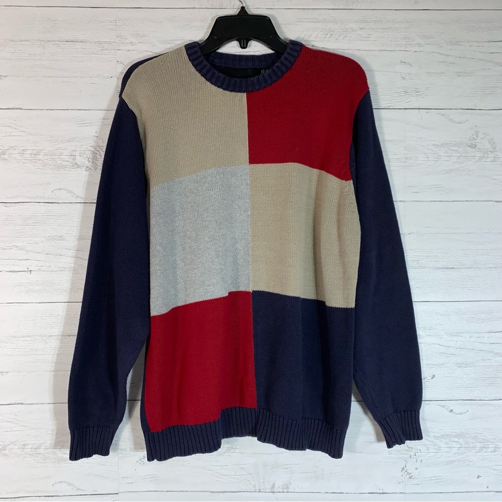 Vintage Bill Blass colorblock men's sweater red/navy/cream size L cotton